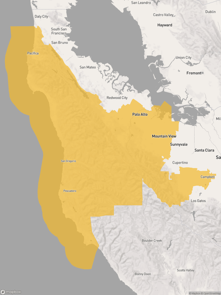 View of map with yellow overlay for Assembly District 23 boundaries.