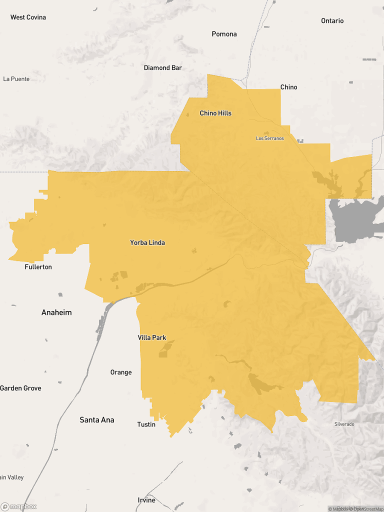 View of map with yellow overlay for Assembly District 59 boundaries.