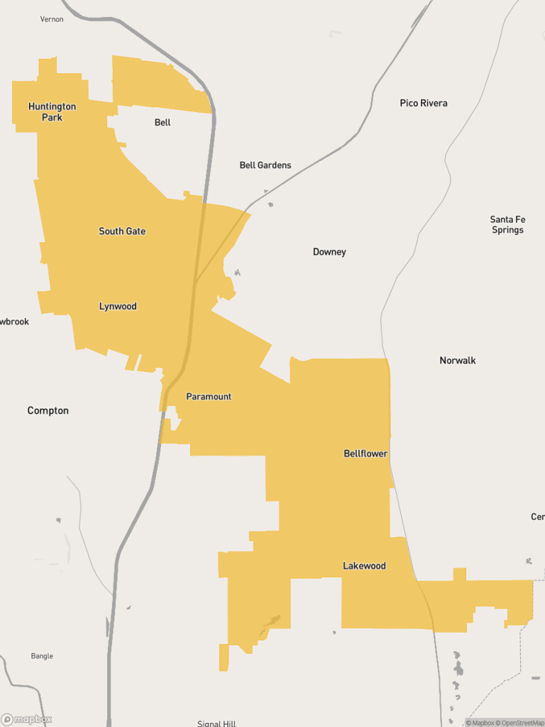 View of map with yellow overlay for Assembly District 62 boundaries.