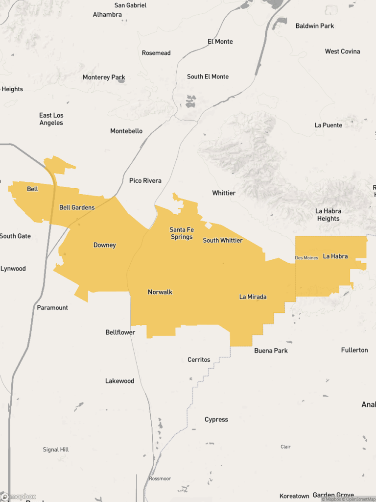 View of map with yellow overlay for Assembly District 64 boundaries.