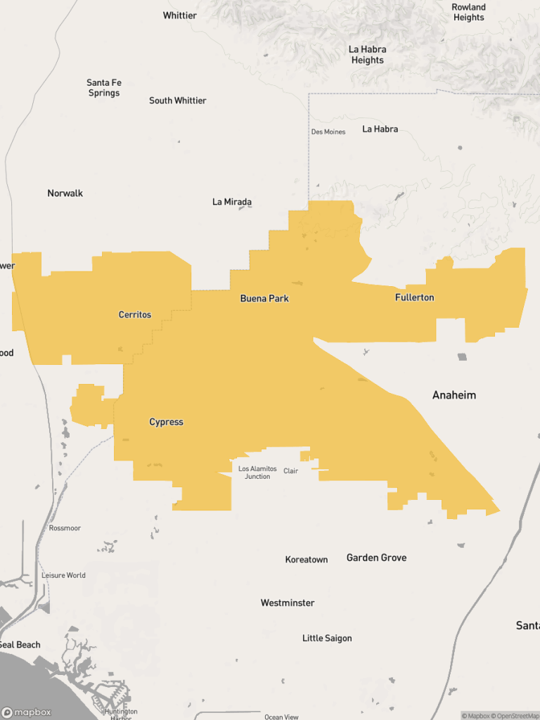 View of map with yellow overlay for Assembly District 67 boundaries.