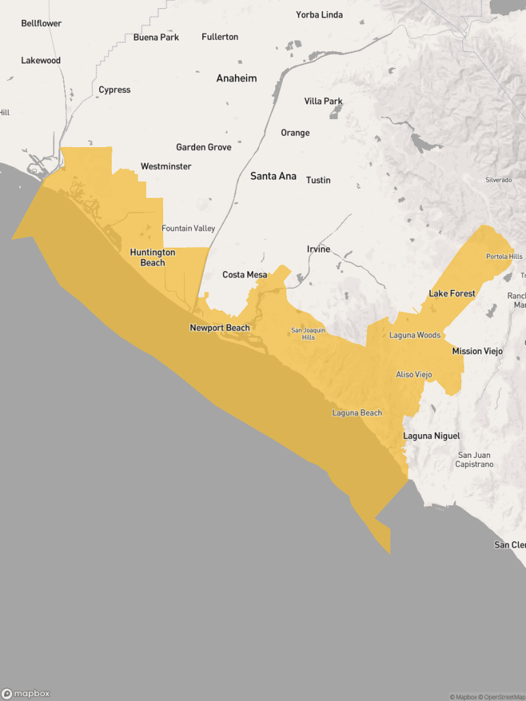 View of map with yellow overlay for Assembly District 72 boundaries.