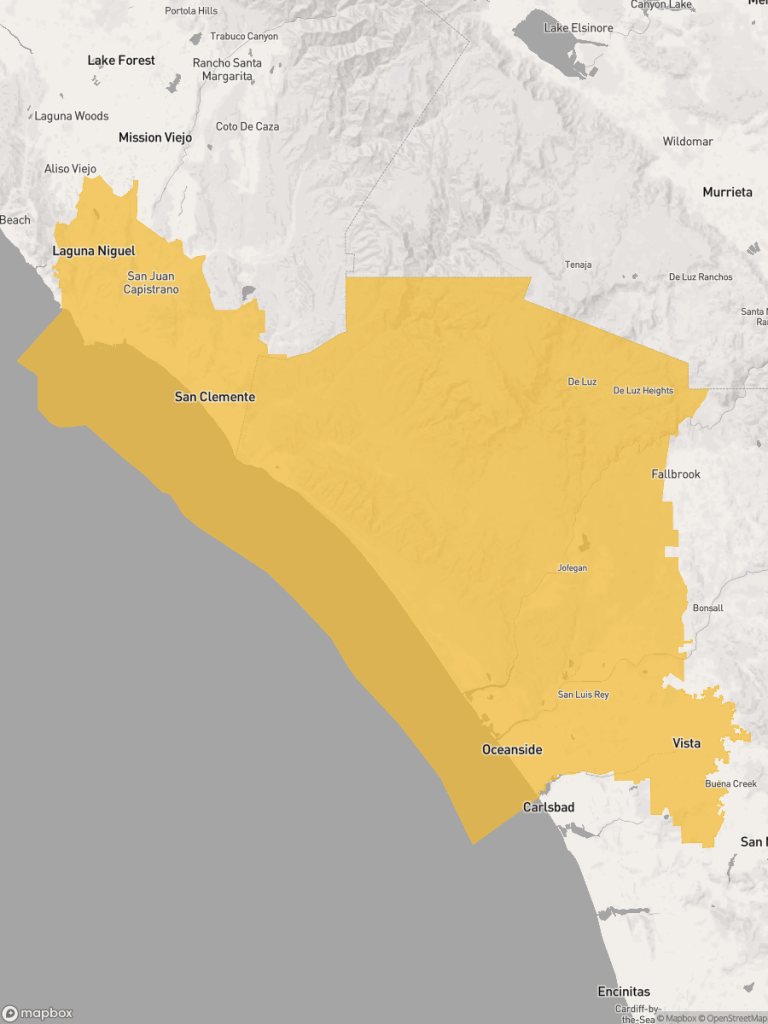 View of map with yellow overlay for Assembly District 74 boundaries.